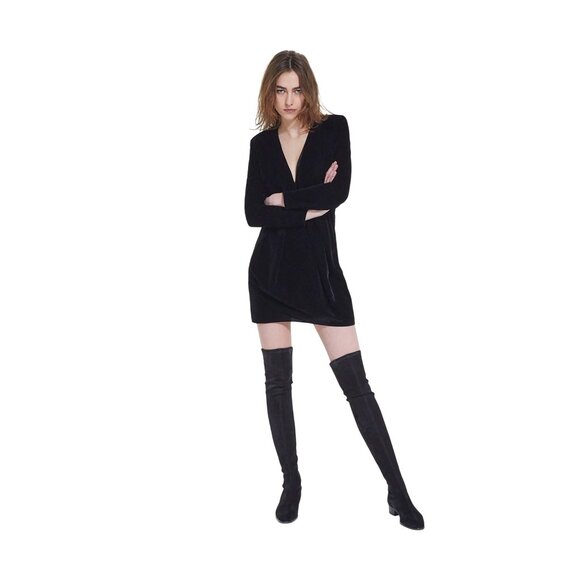 Kooples Short Black Velvet Dress Slim Fit V-Neck Long Sleeves Pleated Waist - Picture 1 of 7